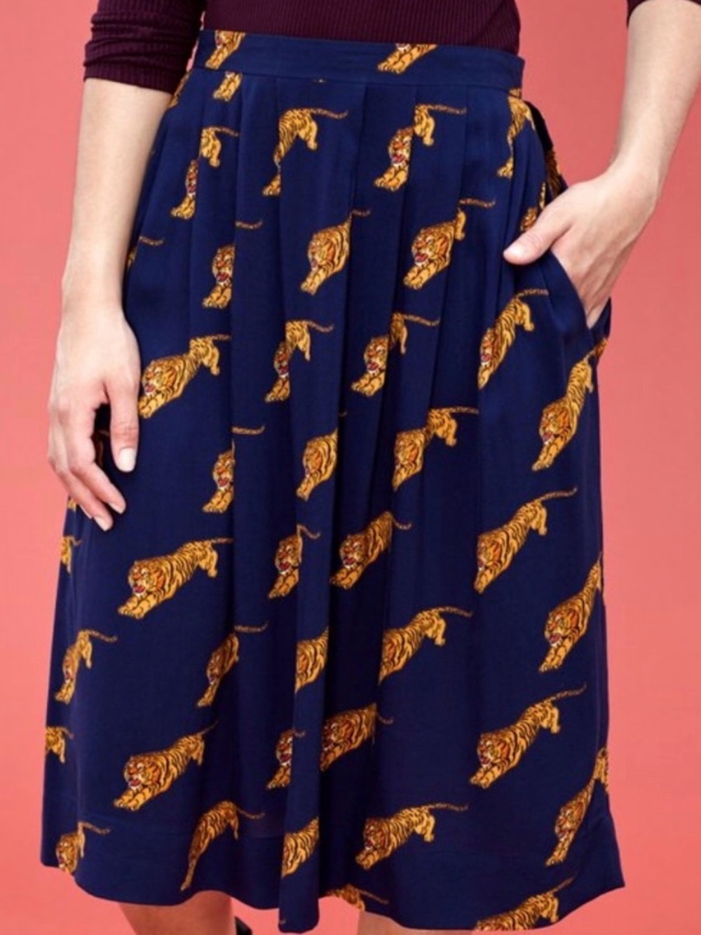 Emily and Fin Navy Tiger Print Midi Skirt | Size Small - Picture 6 of 8